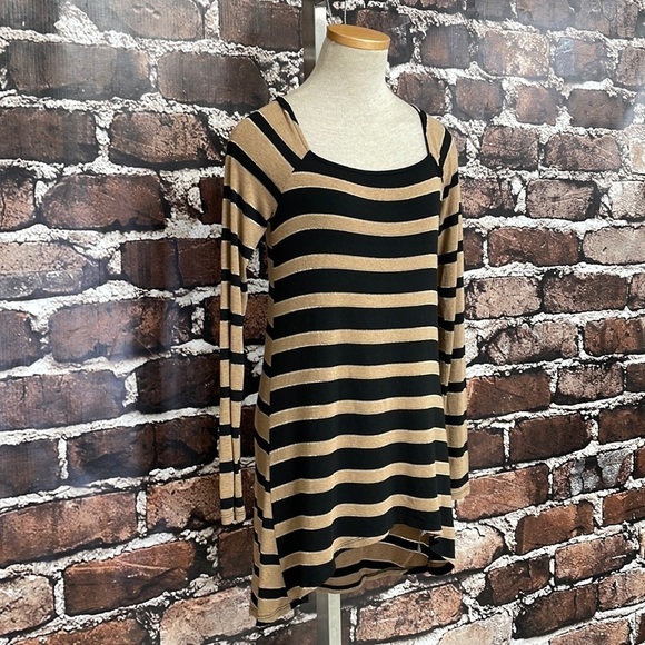 Ella Moss Tunic Top Hi Low T-Shirt Stripes Brown Black Gold Size Small - Picture 6 of 12